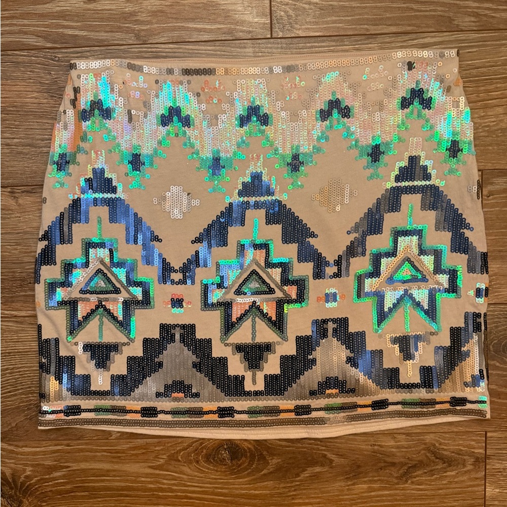 Express Party Sequin Mini Skirt Aztec Print Womens XS EUC